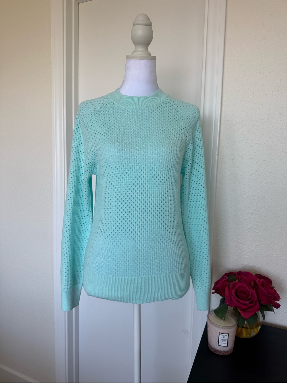 Women's Mint Crewneck Pointelle Open Stitch Sweater